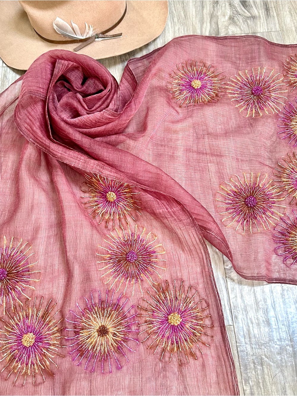 Made in Switzerland Embroidered floral wool scarf cottagecore prairie Country